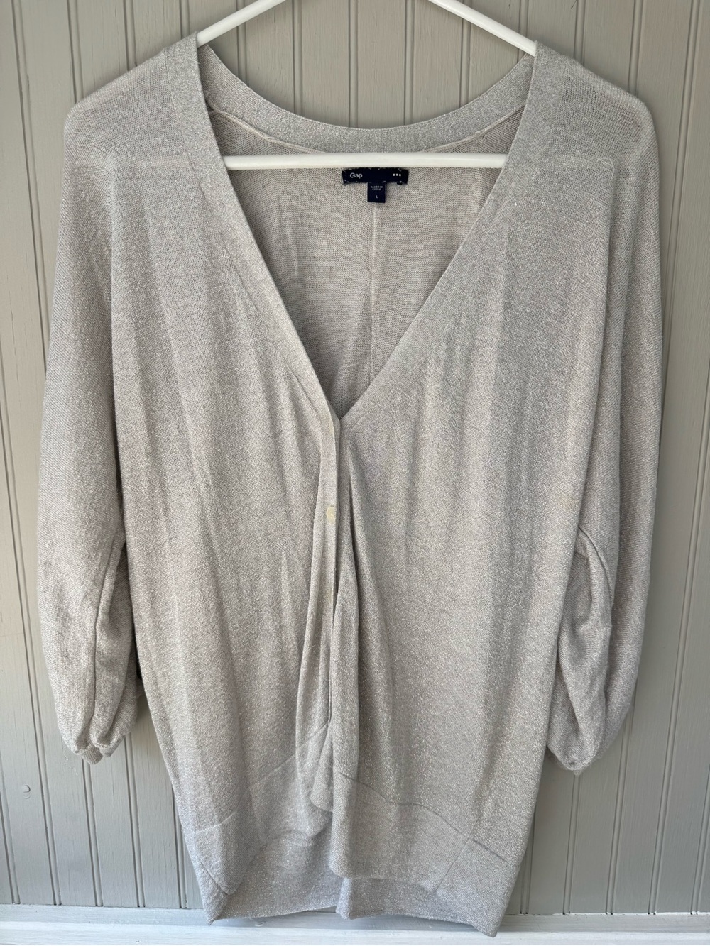 Gap Women's Light Gray V-Neck Button-Front Sweater Metallic Silver